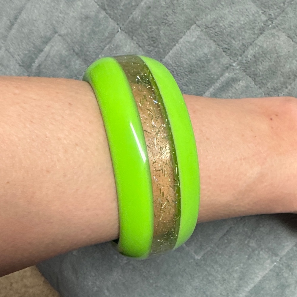 Vintage Plastic Bangle Bracelet, Neon Green, Silver Glitter, Retro, Boho